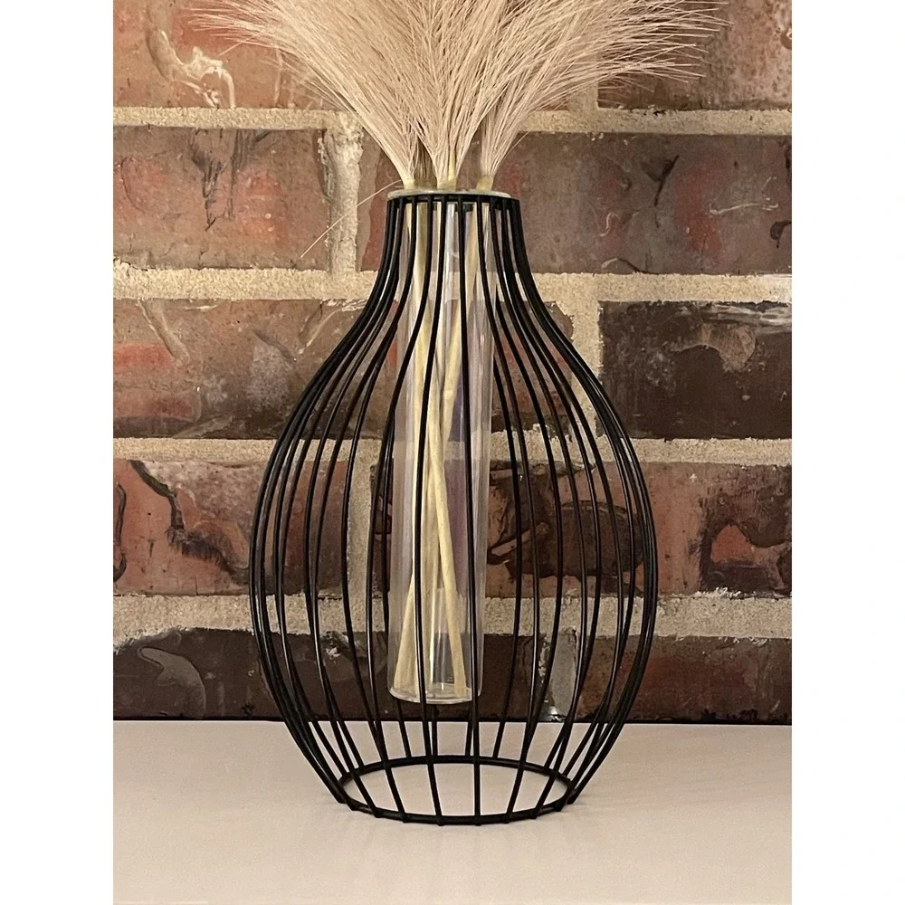 STATEMENT OUTLINE VASE - BLACK METAL CLEAR GLASS‎ FLOATING ILLUSION PAMPAS GRASS